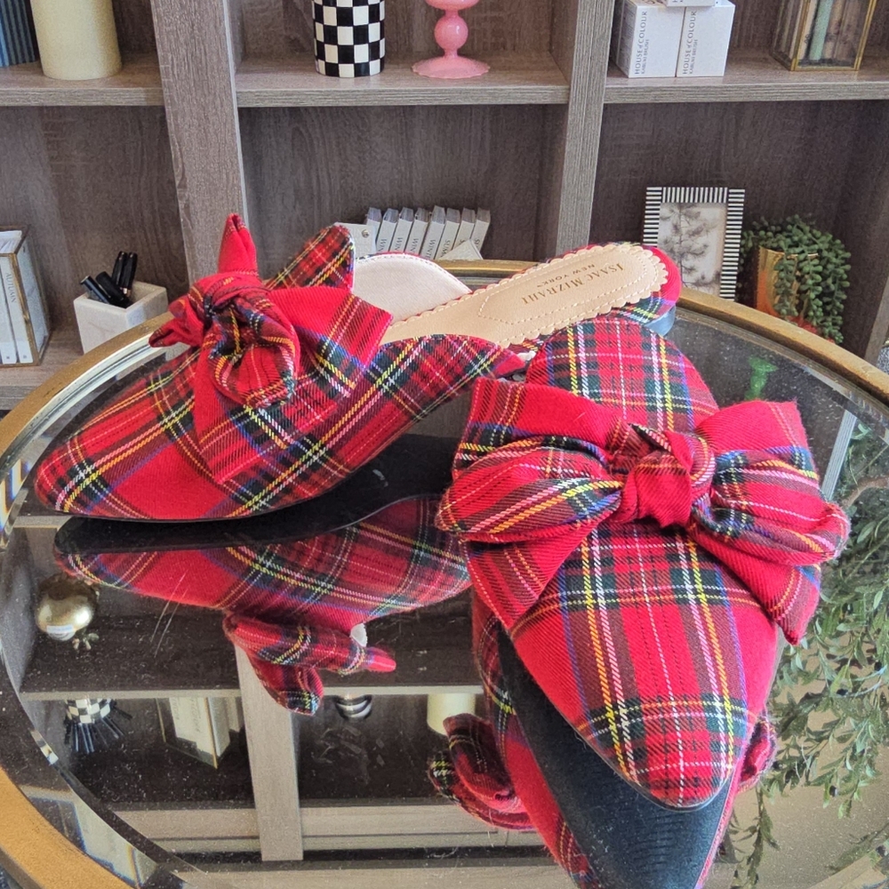 Isaac Mizrahi Red Plaid Mules with Bow